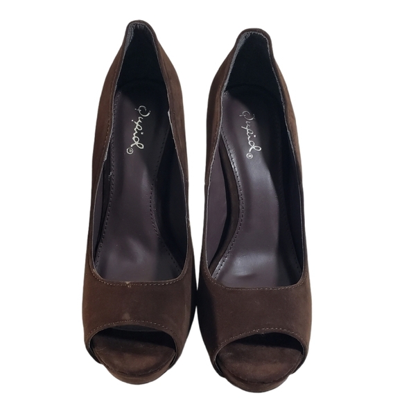 Qupid Brown Open Toe Slip-On Faux Suede Heels Sz 7 - Picture 4 of 9